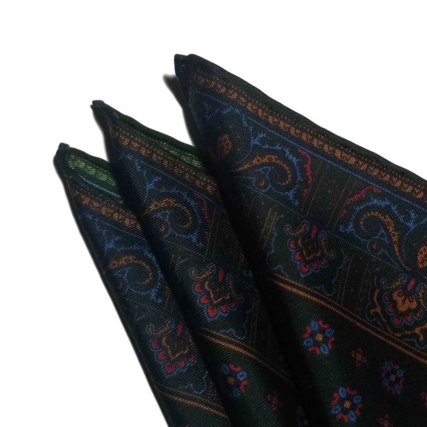 Screen-Printed Dark Green Geometric Ancient Madder Silk Pocket Square