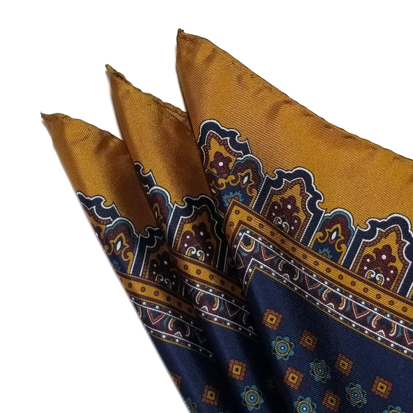 17" Navy Blue / Honey Gold Floral Silk Twill Pocket Square
