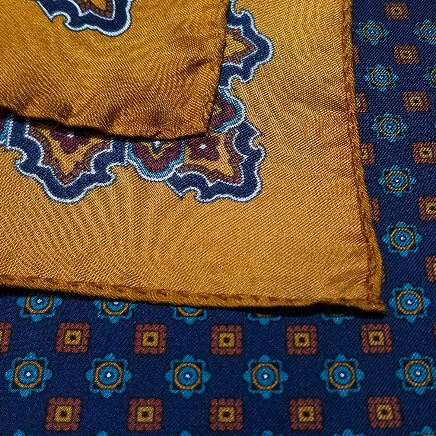 17" Navy Blue / Honey Gold Floral Silk Twill Pocket Square