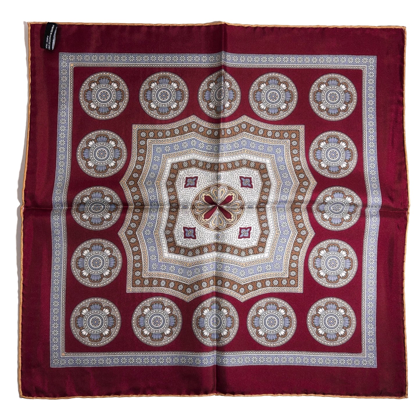 Burgundy & Buff Medallion Silk Pocket Square