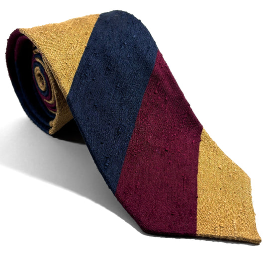 Navy Blue / Gold / Burgundy Block Stripe Untipped Silk Shantung Tie
