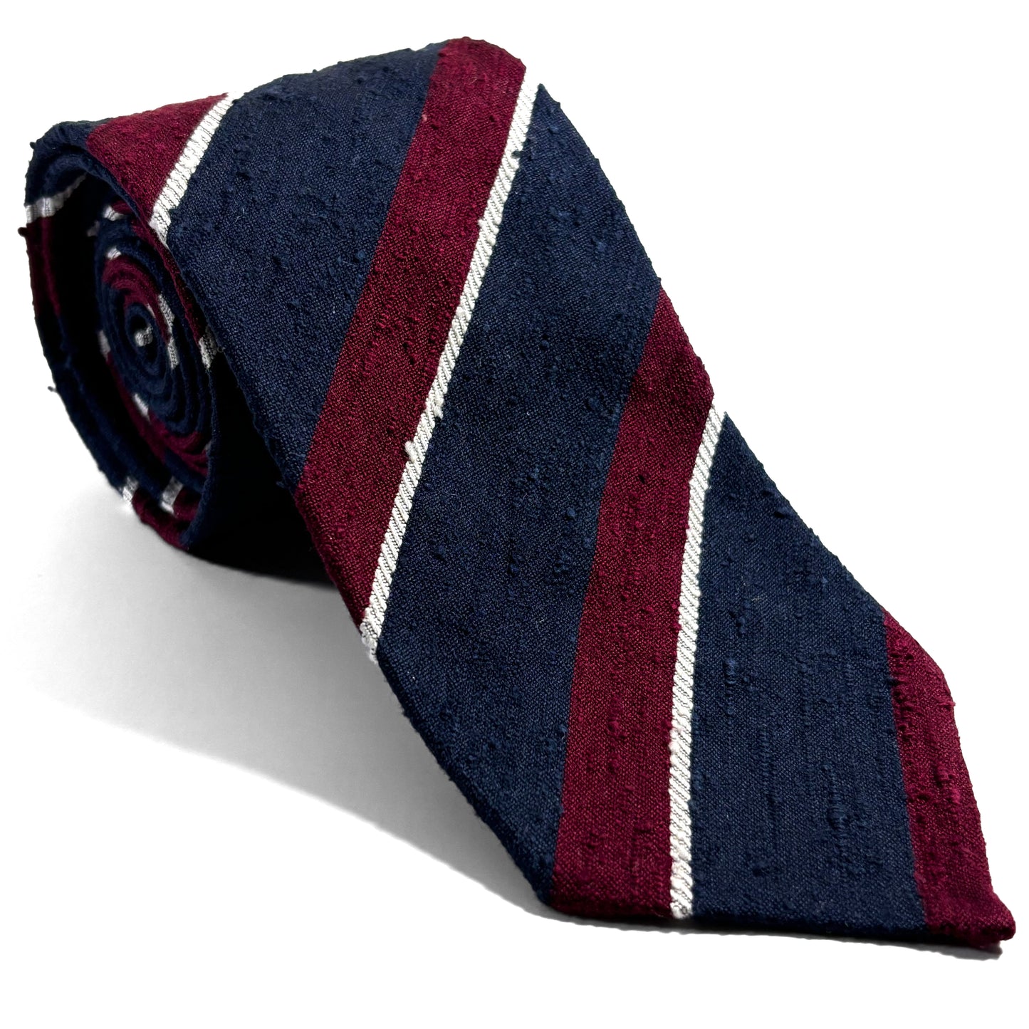 Untipped Navy Blue / Red Striped Silk Shantung Tie