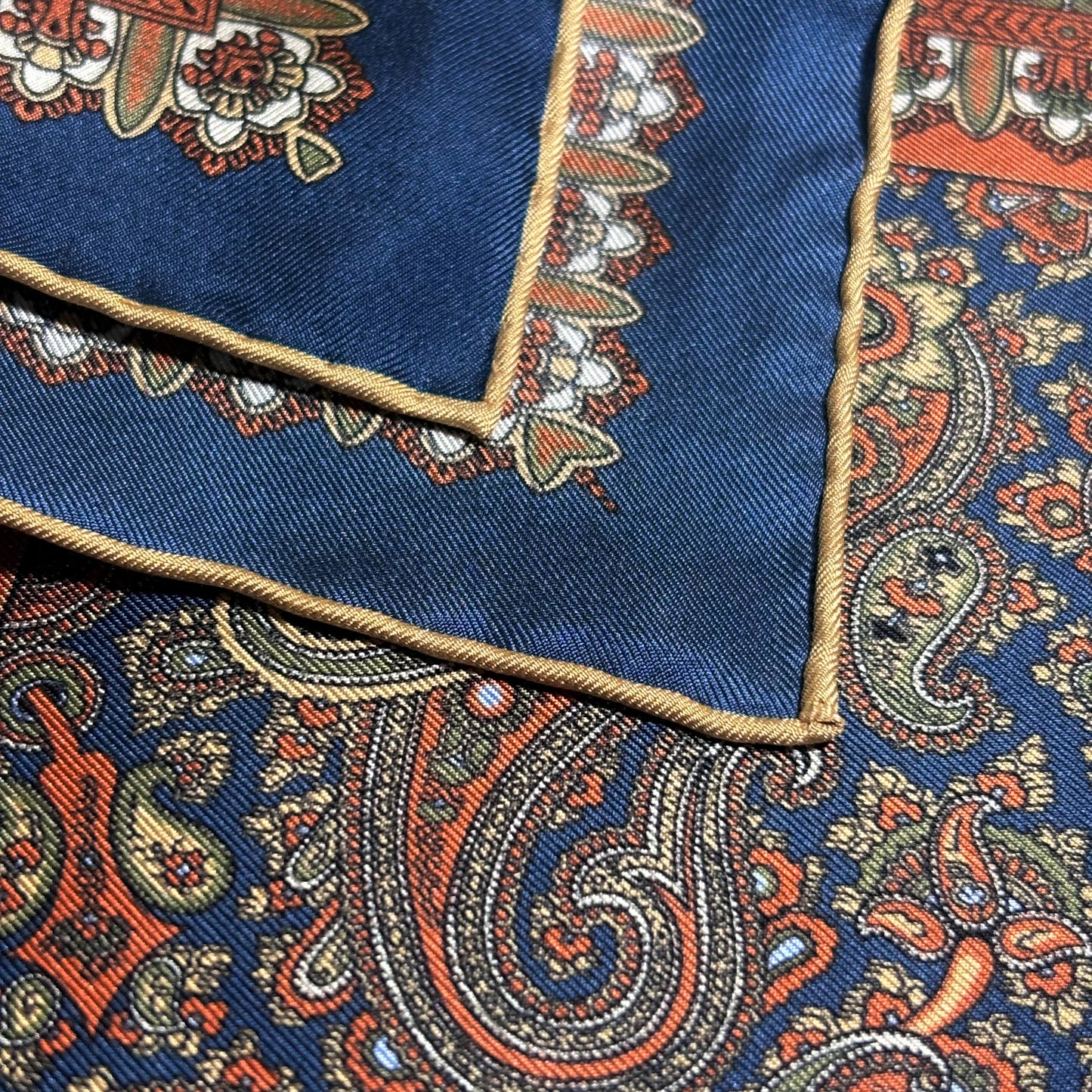 Navy Blue & Orange Paisley Silk Pocket Square