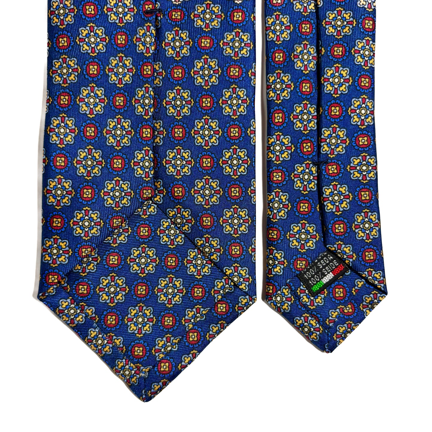 Navy Blue & Red Geometric Foulard Printed Silk Twill Tie