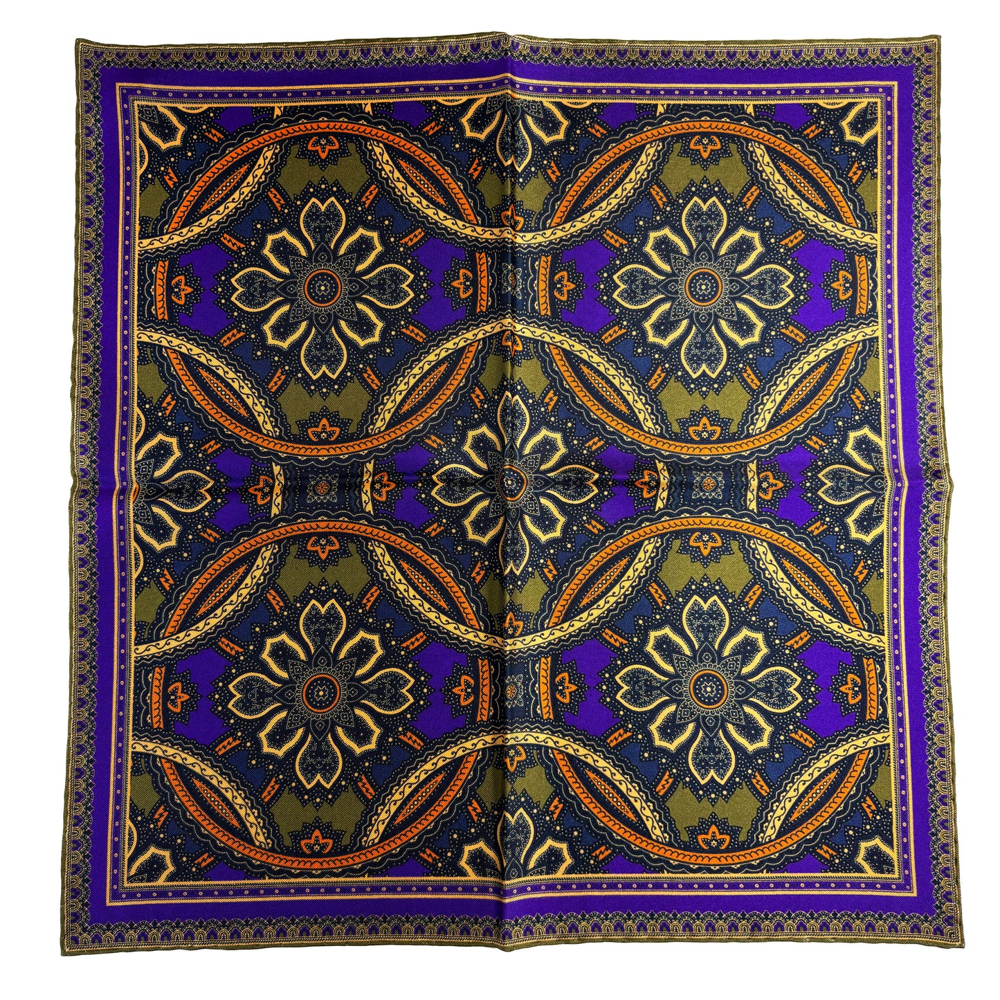Olive Green & Royal Purple Large Medallion Silk Pocket Square