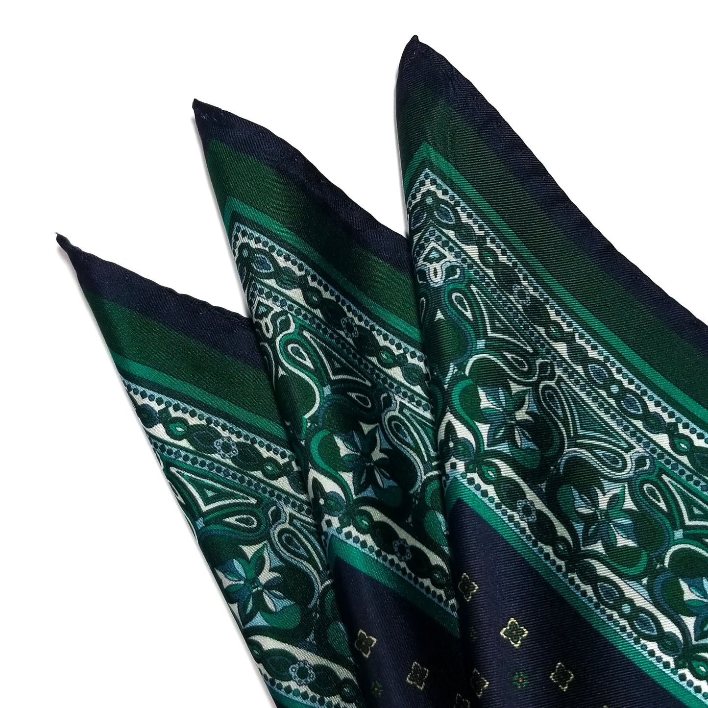 17" Green / Navy Blue Geometric Silk Twill Pocket Square