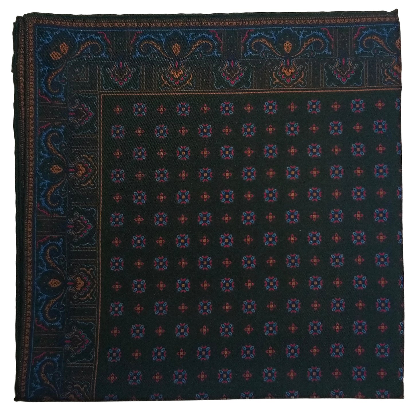Screen-Printed Dark Green Geometric Ancient Madder Silk Pocket Square