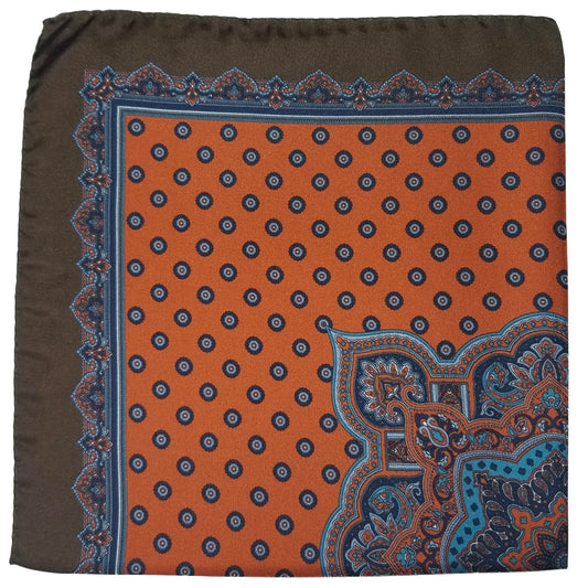 17" Orange / Brown Geometric Silk Twill Pocket Square