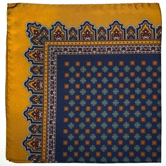 17" Navy Blue / Honey Gold Floral Silk Twill Pocket Square