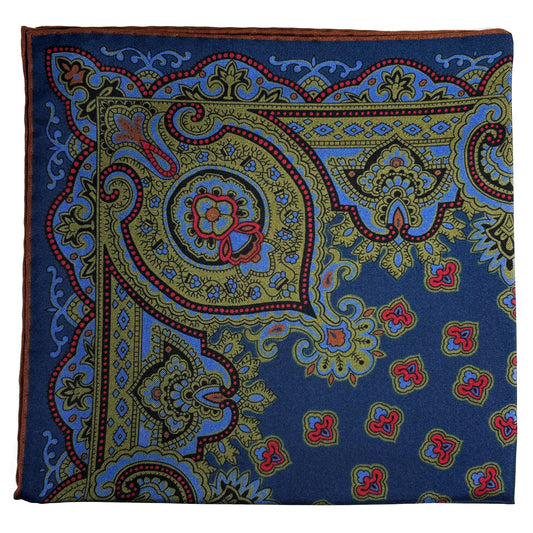 Navy Blue & Olive Green Medallion Ancient Madder Silk Pocket Square