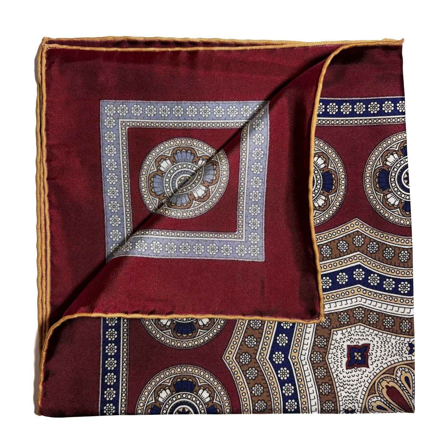 Burgundy & Buff Medallion Silk Pocket Square