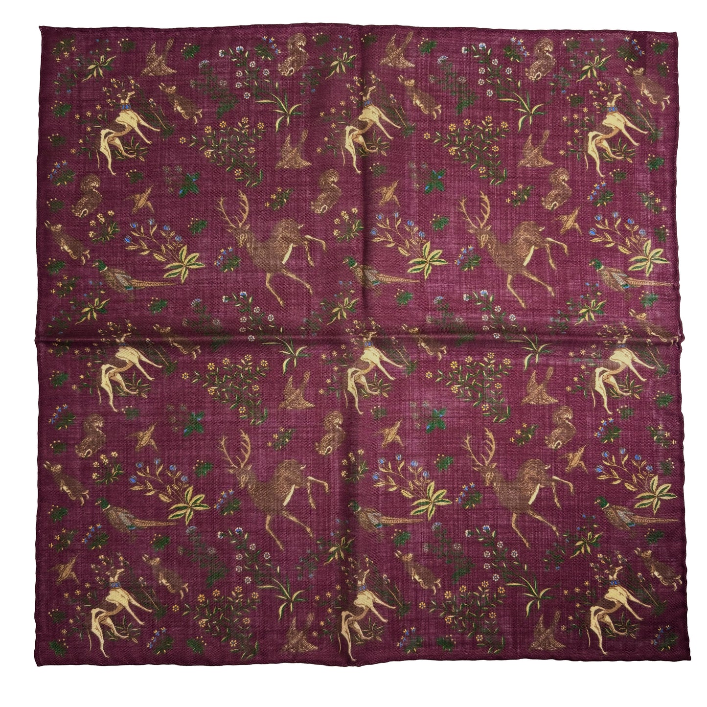 Terra - Floral Animal Motif - Burgundy - Wool/Silk Pocket Square