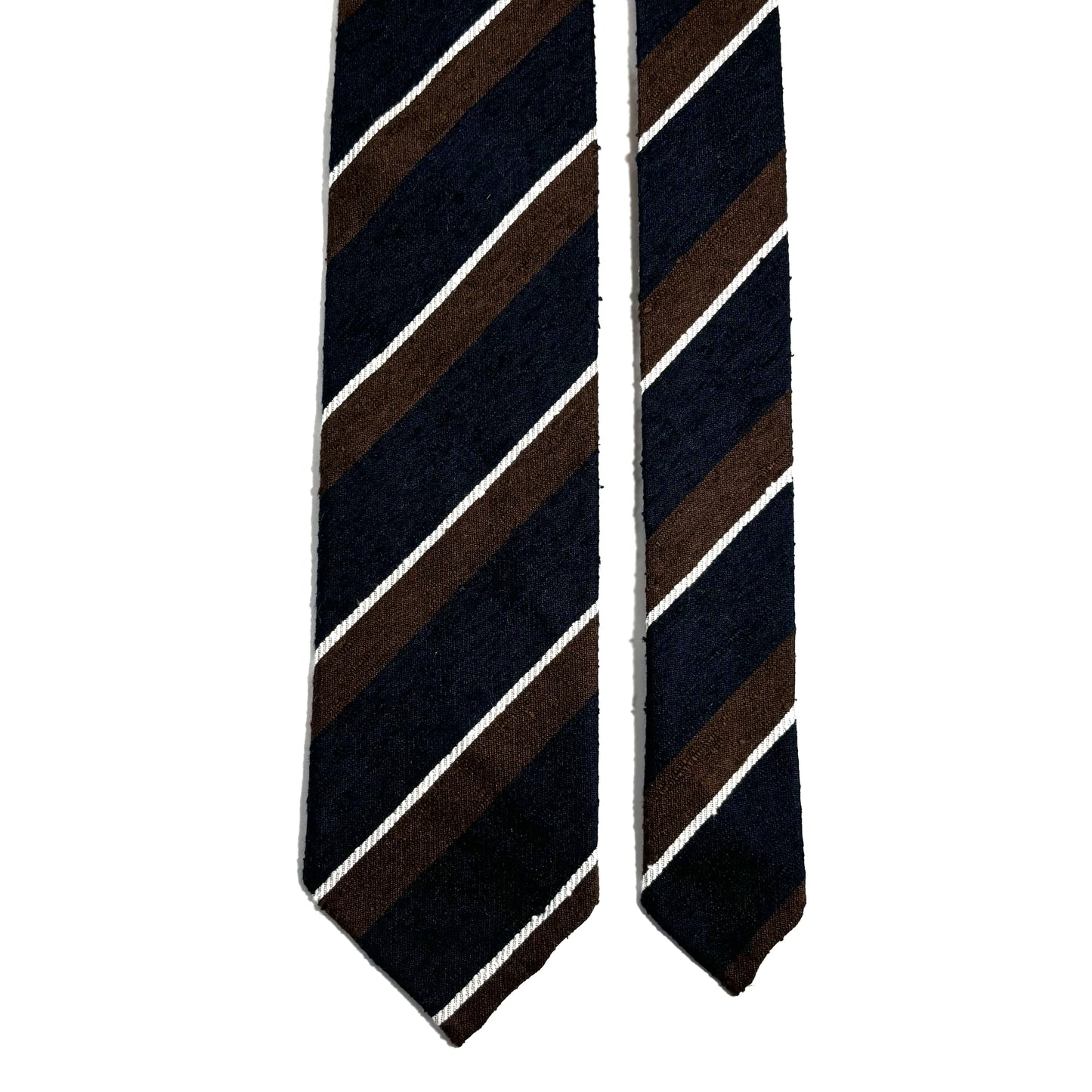 Untipped Navy Blue / Brown Striped Silk Shantung Tie