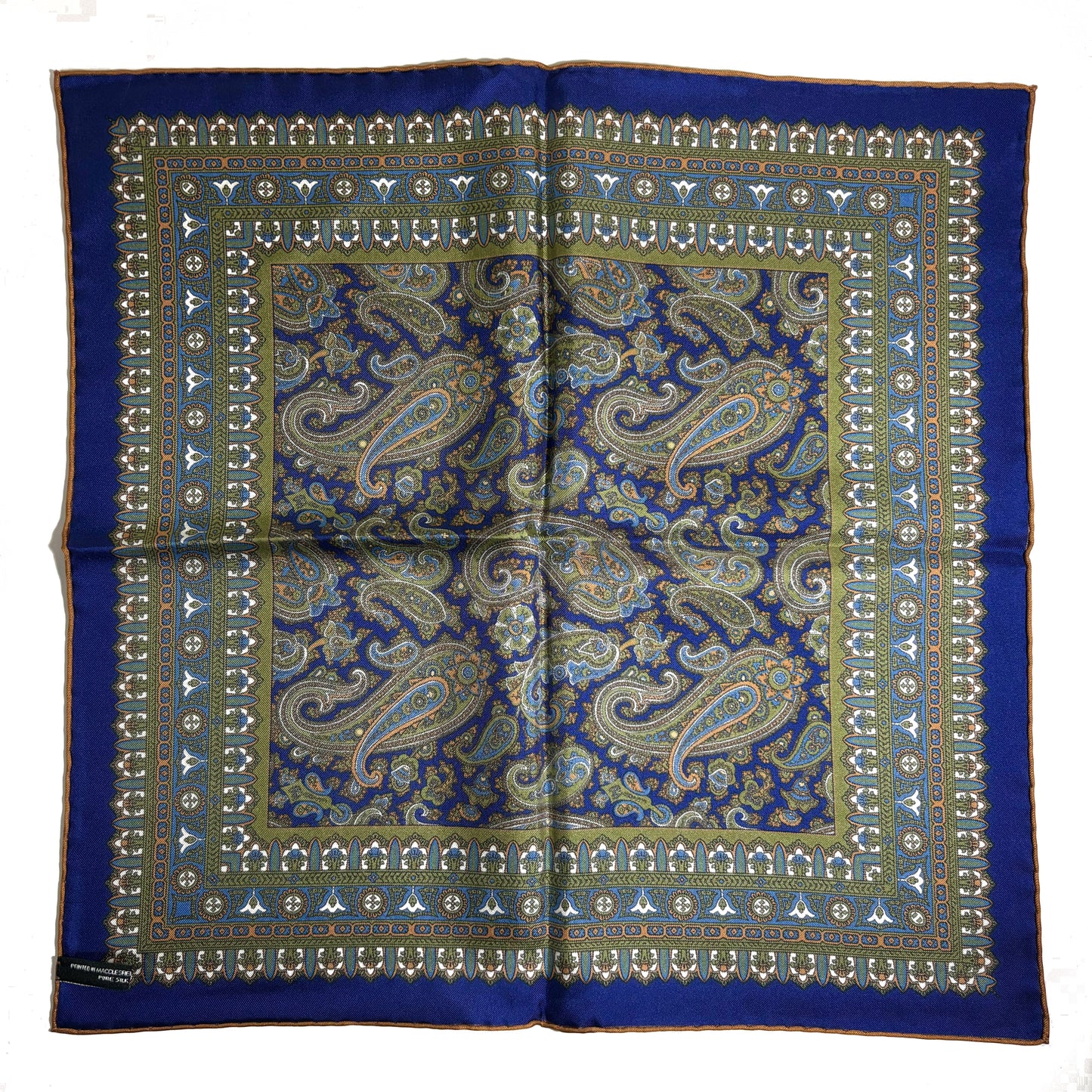 Navy Blue & Green Paisley Silk Pocket Square