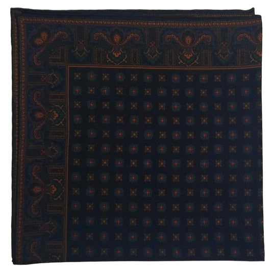 Screen-Printed Navy Blue Geometric Ancient Madder Silk Pocket Square