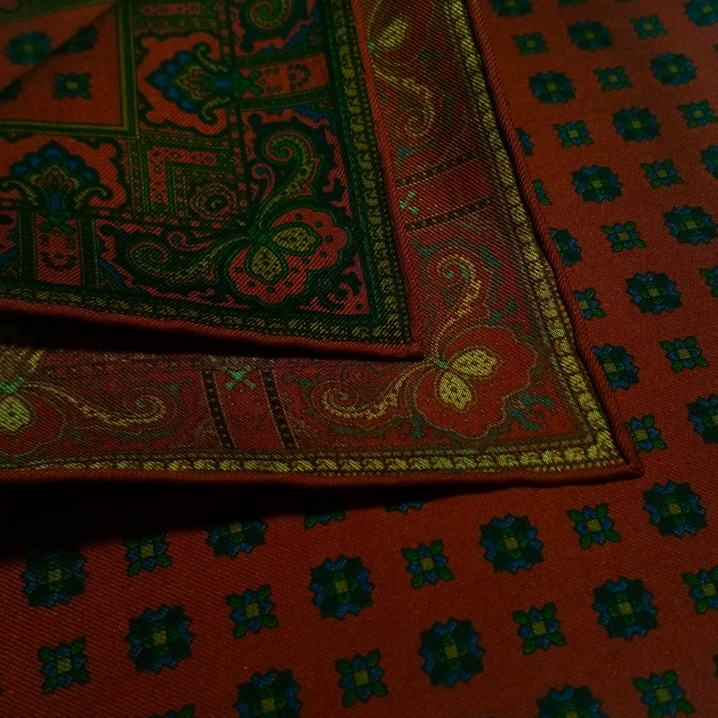 Screen-Printed Brick Red Geometric Ancient Madder Silk Pocket Square