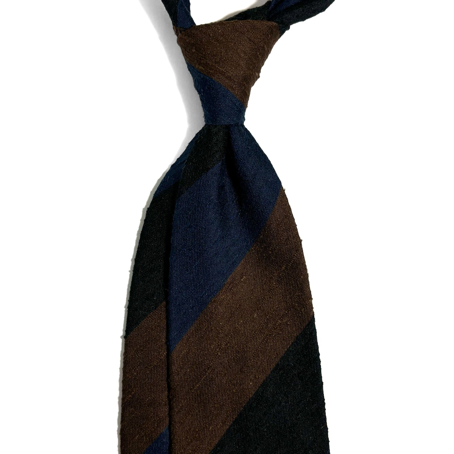 Untipped Blue / Brown Block Stripe Silk Shantung Tie