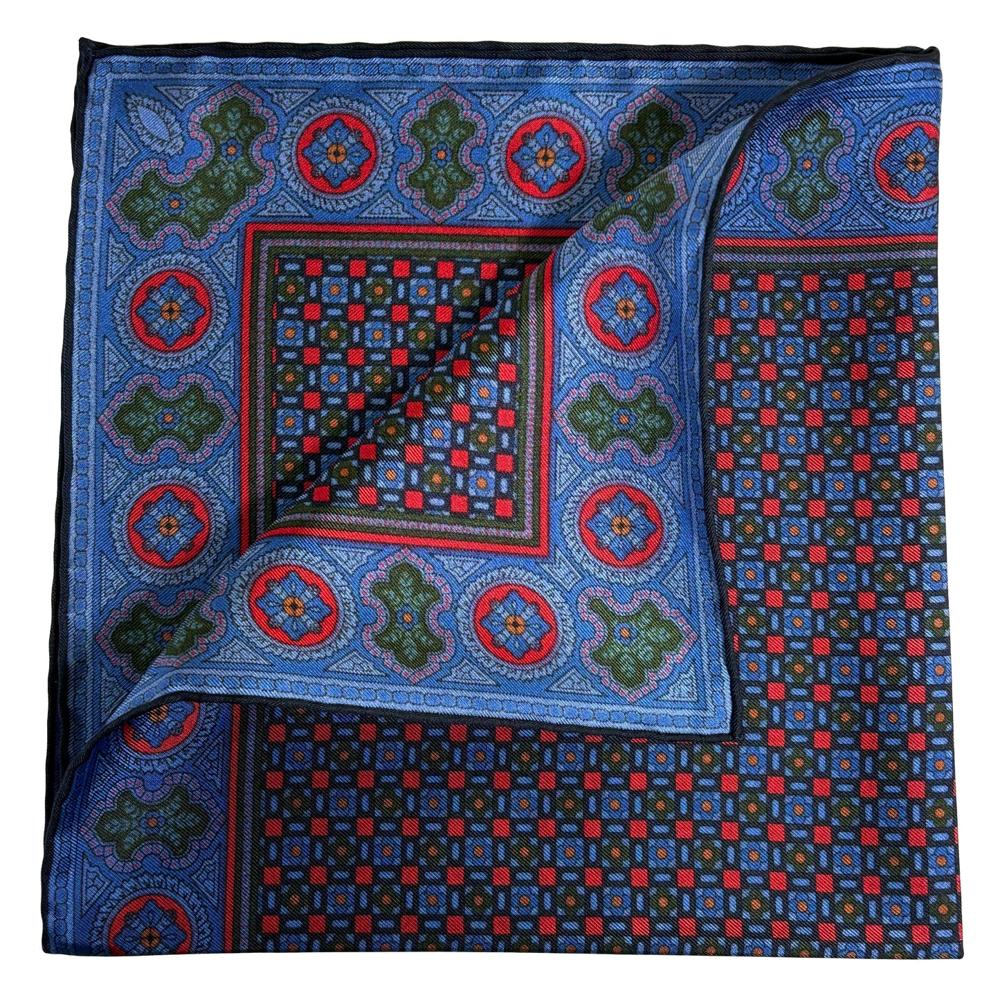 Blue & Red Small Geometric Ancient Madder Silk Pocket Square