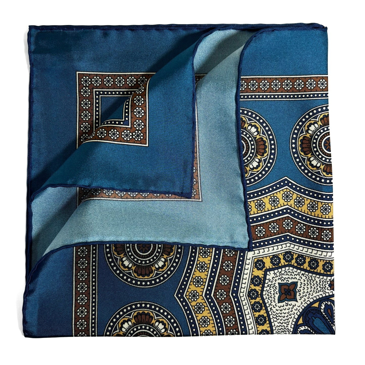 Prussian Blue & Beige Medallion Silk Pocket Square