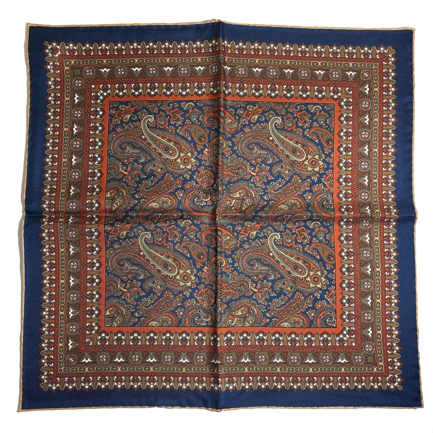 Navy Blue & Orange Paisley Silk Pocket Square