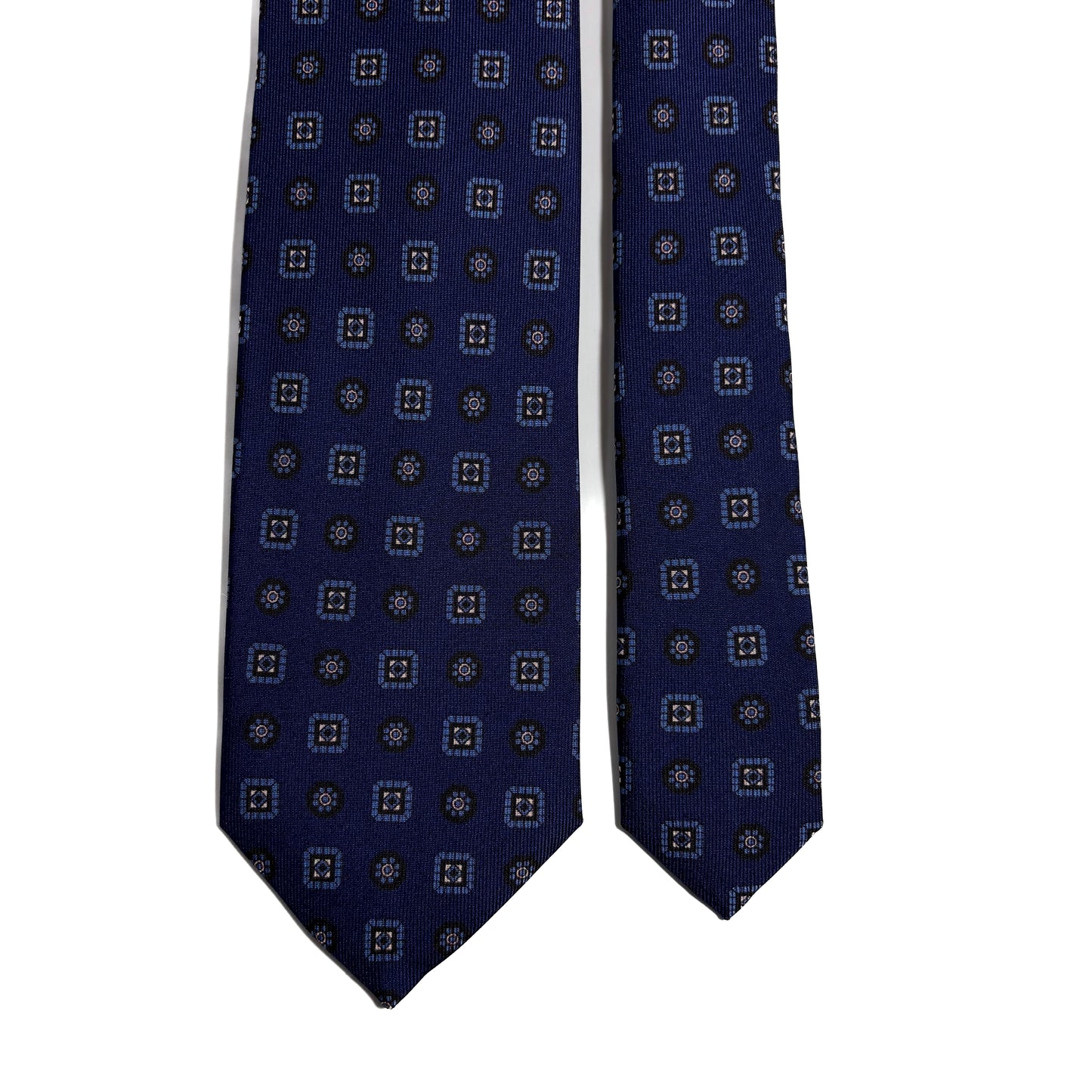 Seven Fold Navy Blue Geometric Printed Silk Tie
