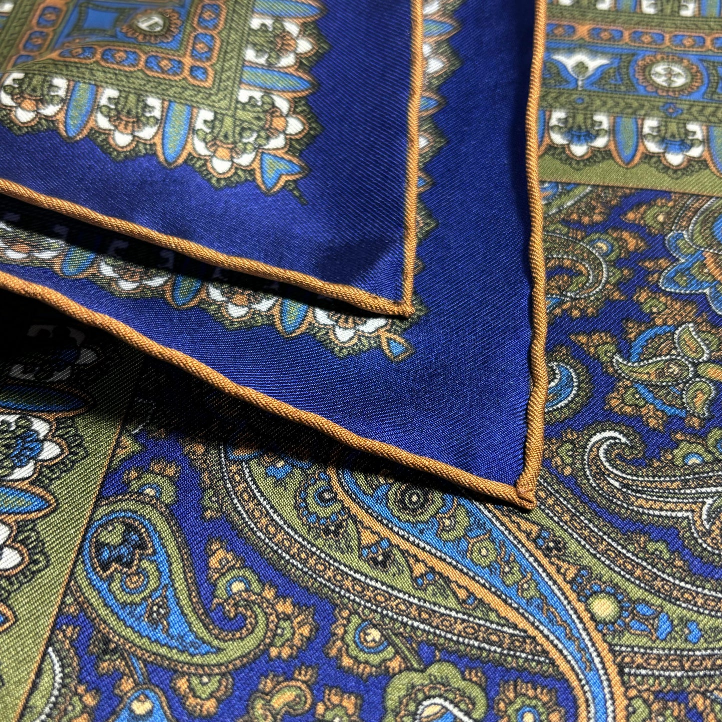 Navy Blue & Green Paisley Silk Pocket Square