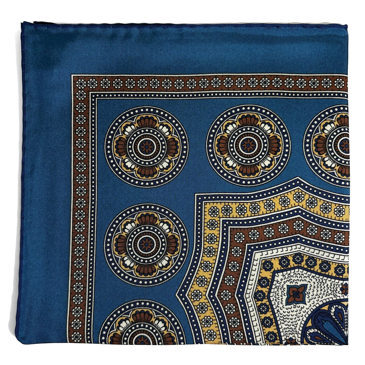 Prussian Blue & Beige Medallion Silk Pocket Square