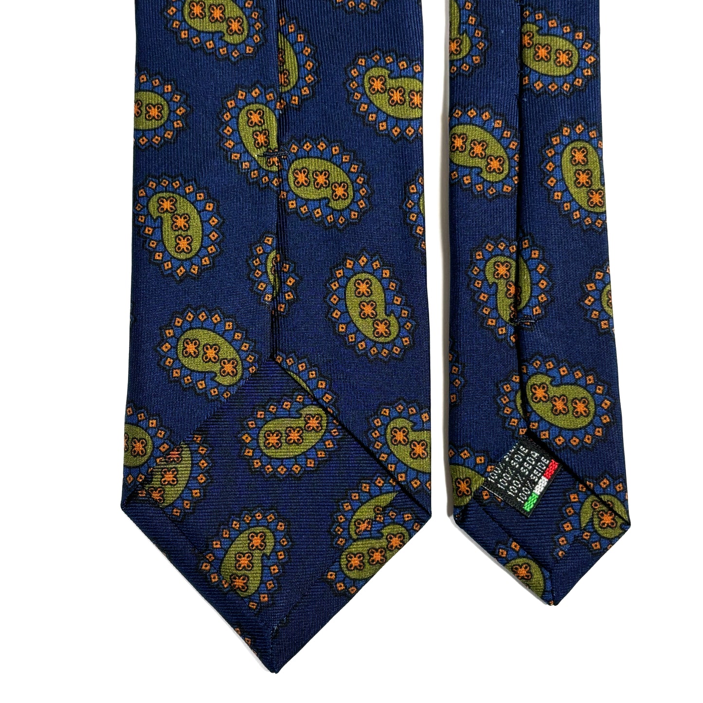 Navy Blue & Olive Paisley Printed 36oz Silk Twill Tie