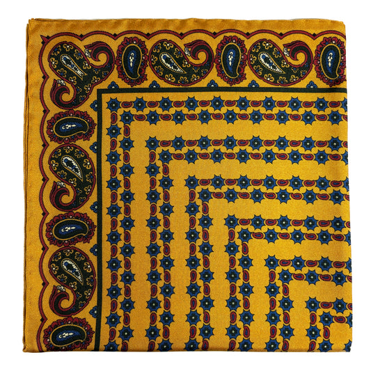 Mustard Yellow Small Paisley Ancient Madder Silk Pocket Square