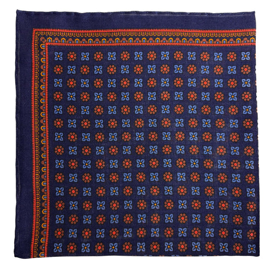 Navy Blue - Floral - Wool/Silk Pocket Square