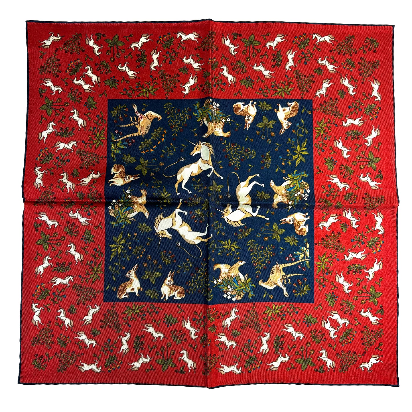 Navy Blue & Red Unicorn Motif Ancient Madder Silk Pocket Square