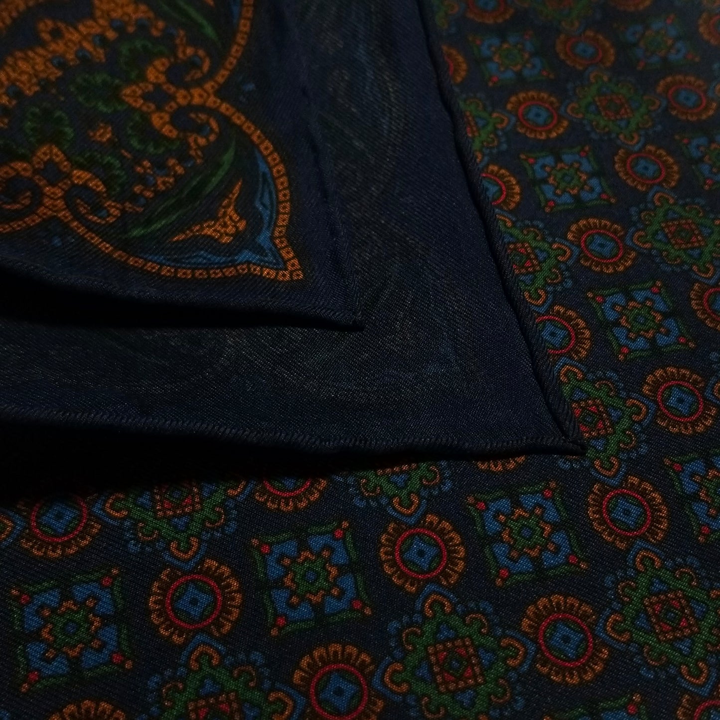 Screen-Printed Navy Blue Geometric Ancient Madder Silk Pocket Square