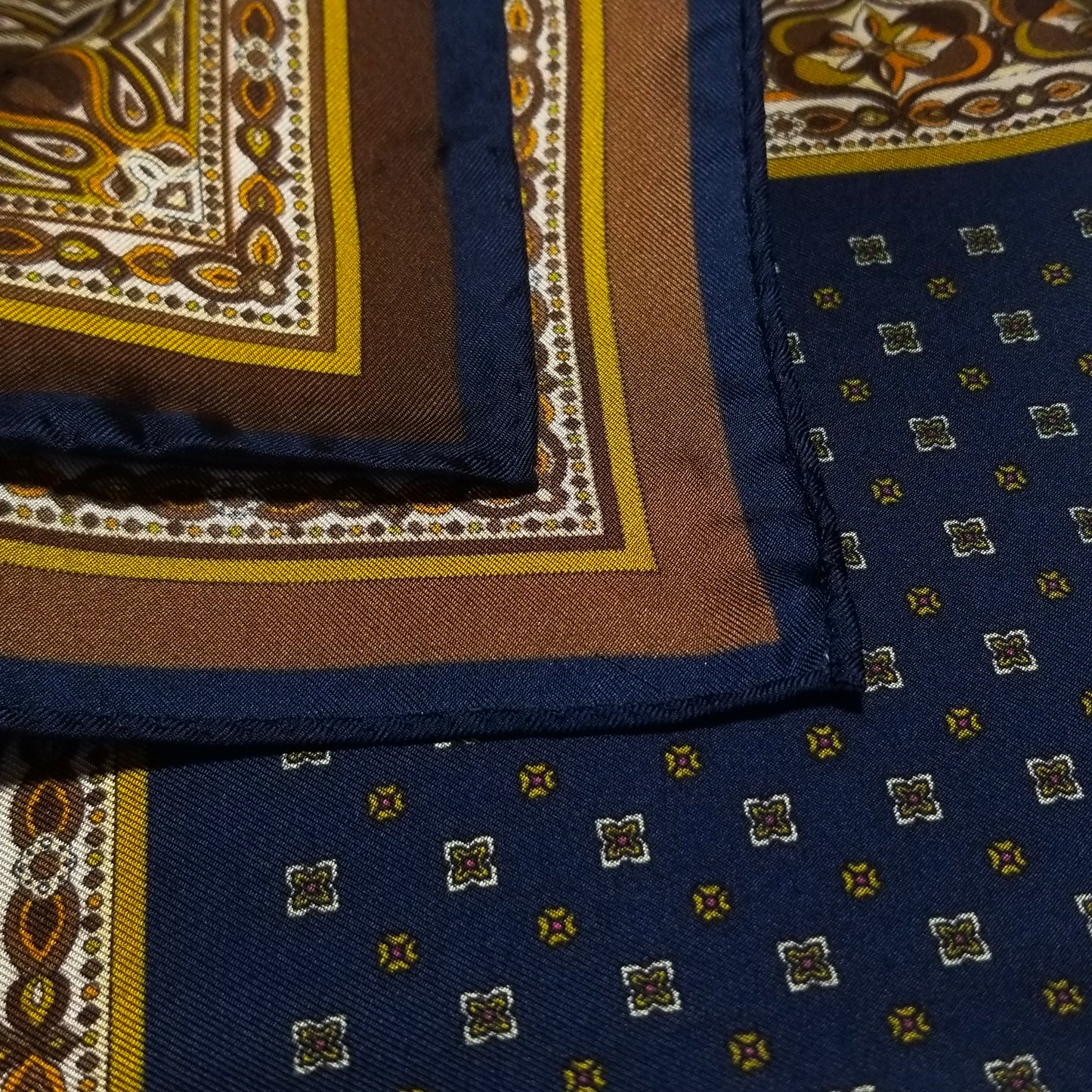 17" Navy Blue / Gold Geometric Silk Twill Pocket Square