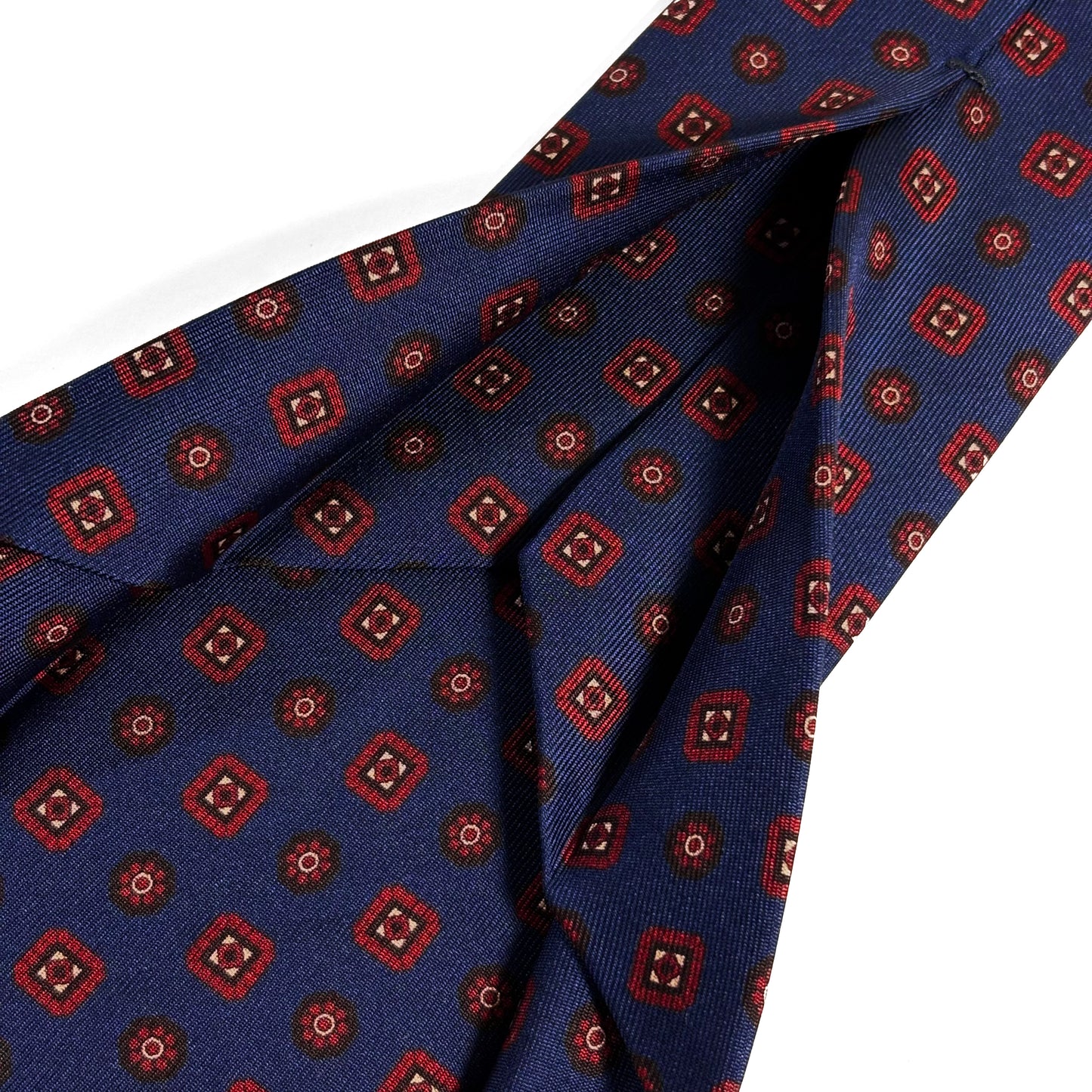 Seven Fold Navy Blue & Red Geometric Printed Silk Tie
