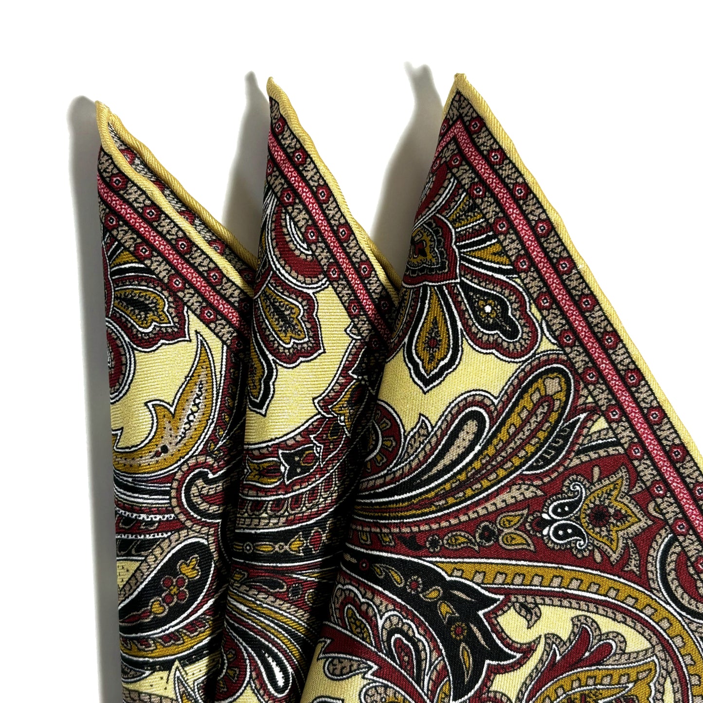 Buff Yellow & Burgundy Paisley Silk Pocket Square