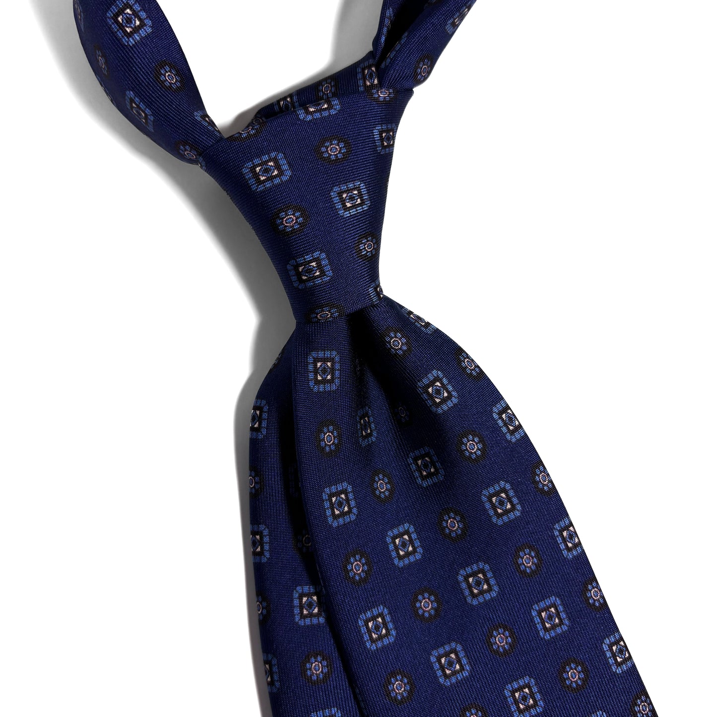Seven Fold Navy Blue Geometric Printed Silk Tie