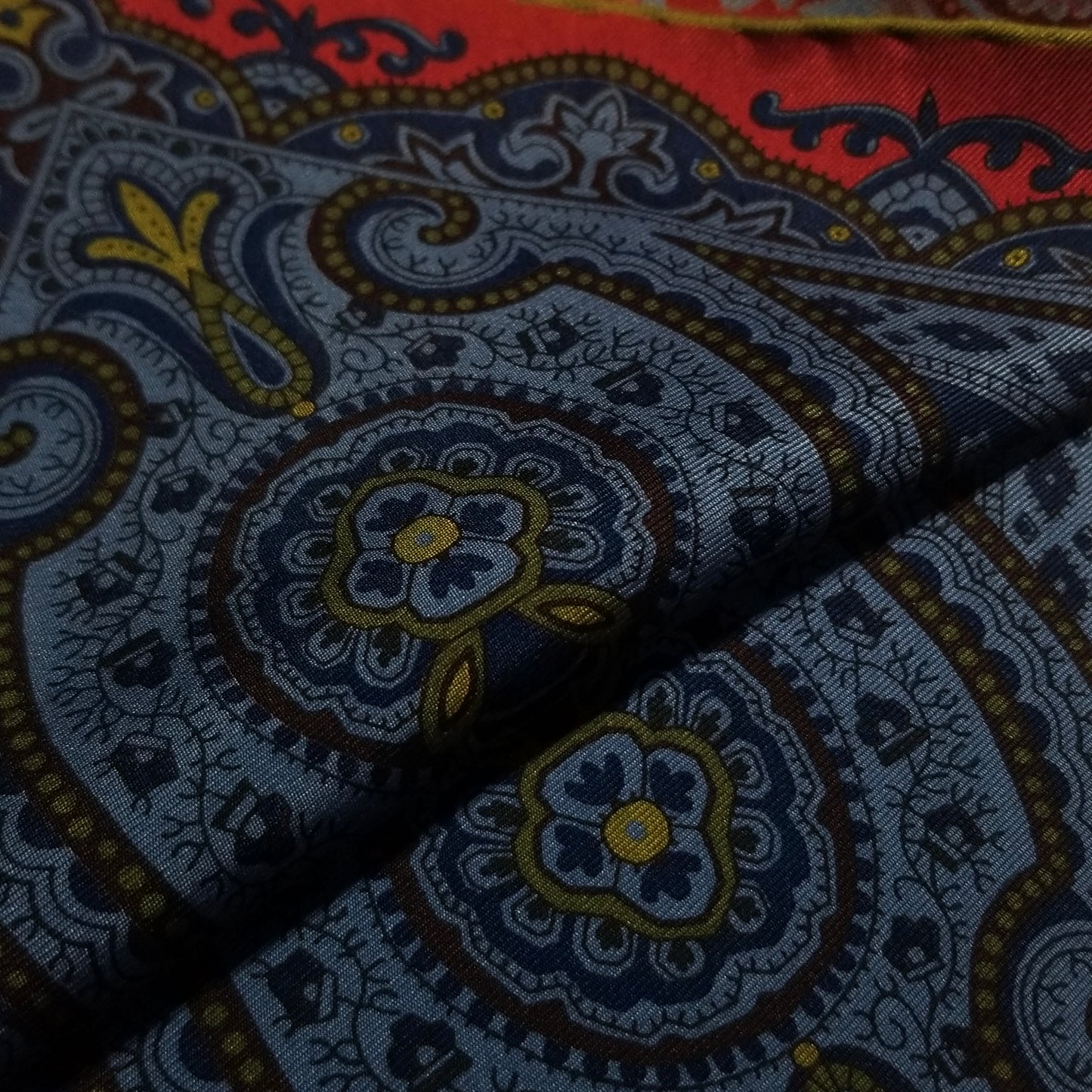 Screen-Printed Red & Blue Geometric Ancient Madder Silk Pocket Square