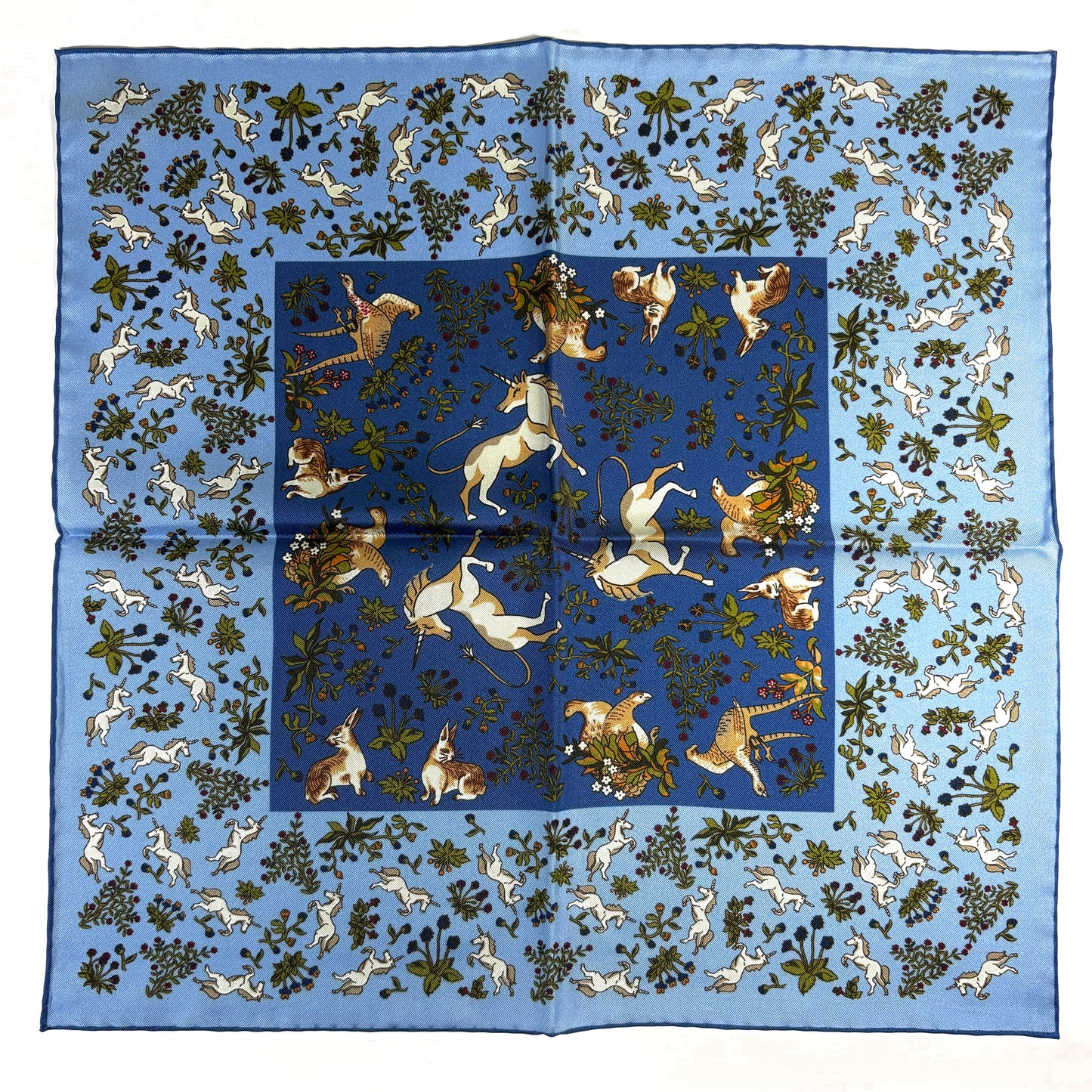 Light Blue & Blue Unicorn Motif Ancient Madder Silk Pocket Square