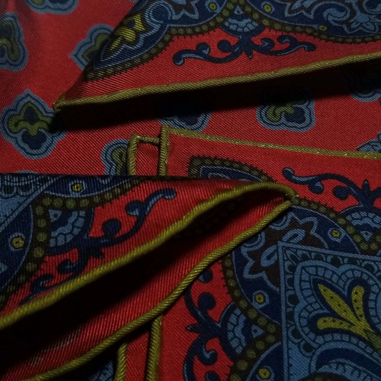 Screen-Printed Red & Blue Geometric Ancient Madder Silk Pocket Square