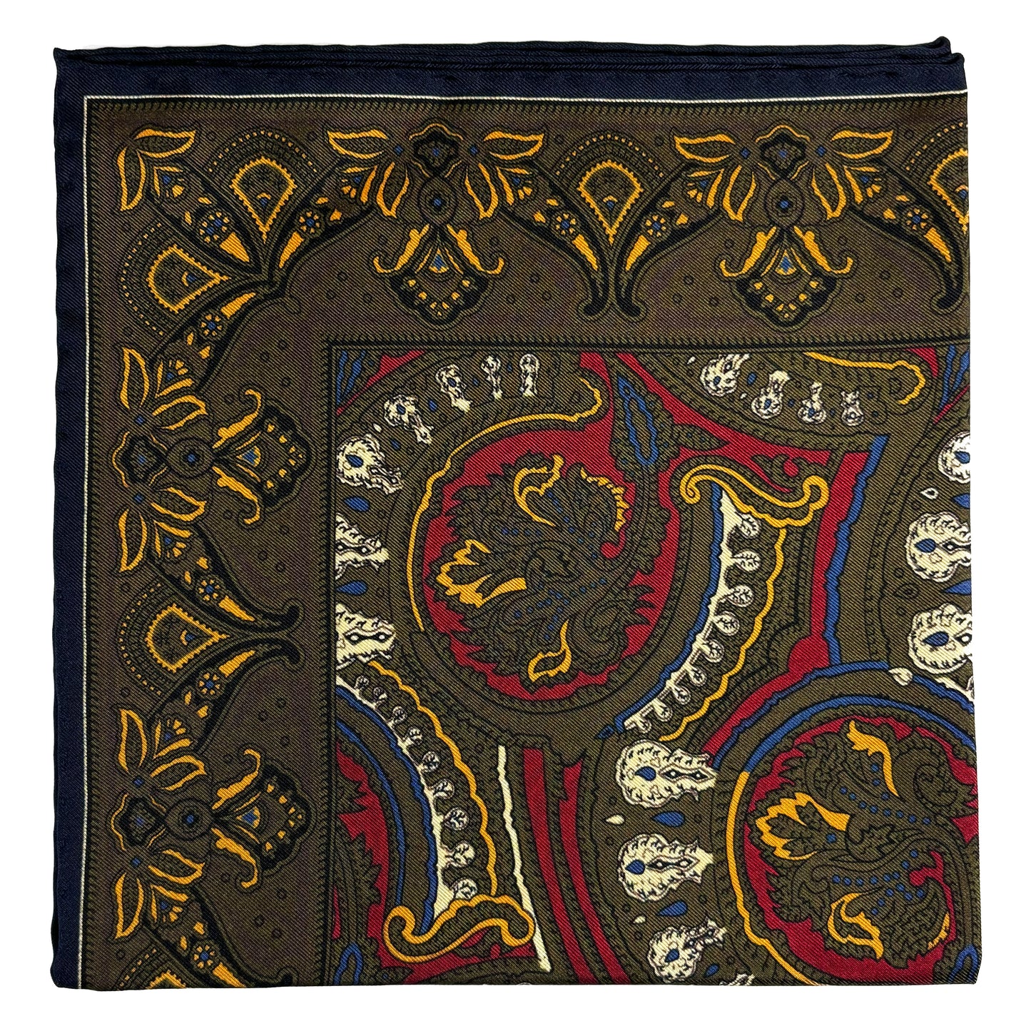 Burgundy & Olive Green Medallion Silk Pocket Square