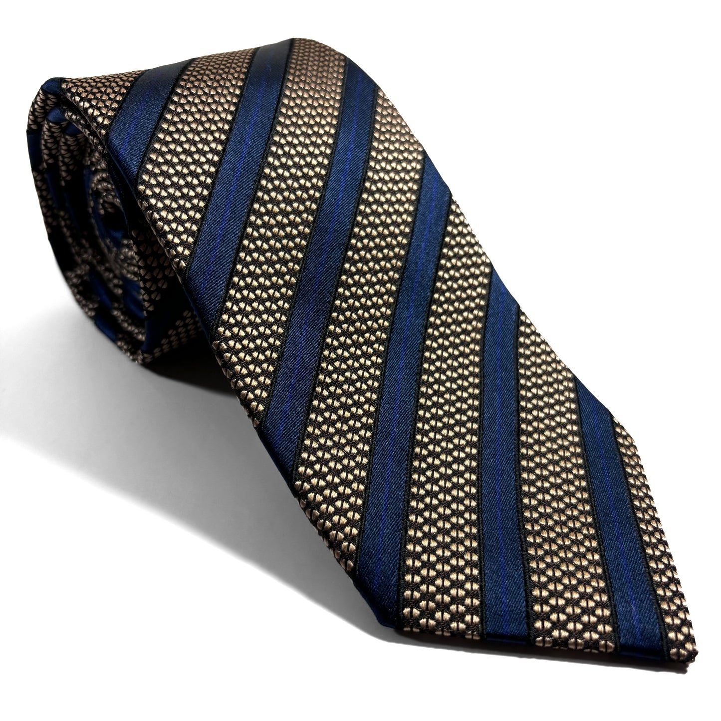 Navy Blue & Brass Striped Silk Jacquard Tie