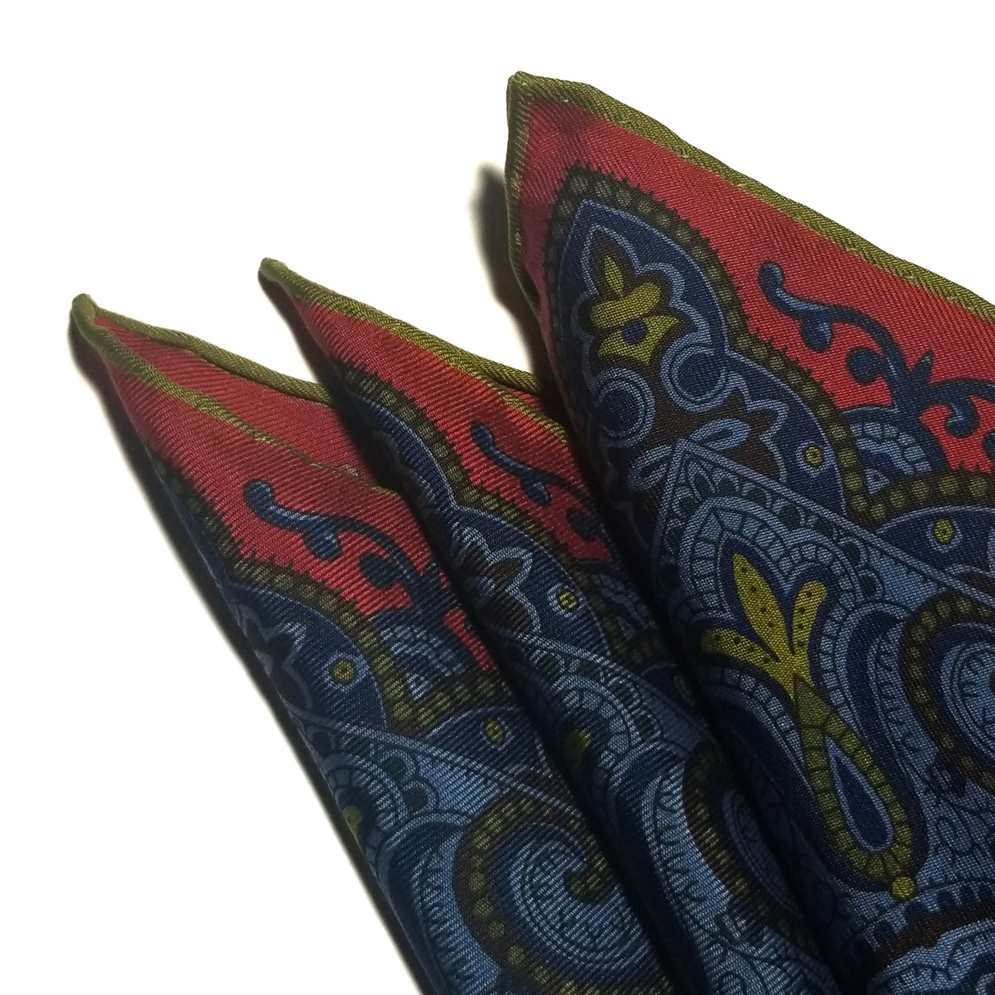 Screen-Printed Red & Blue Geometric Ancient Madder Silk Pocket Square