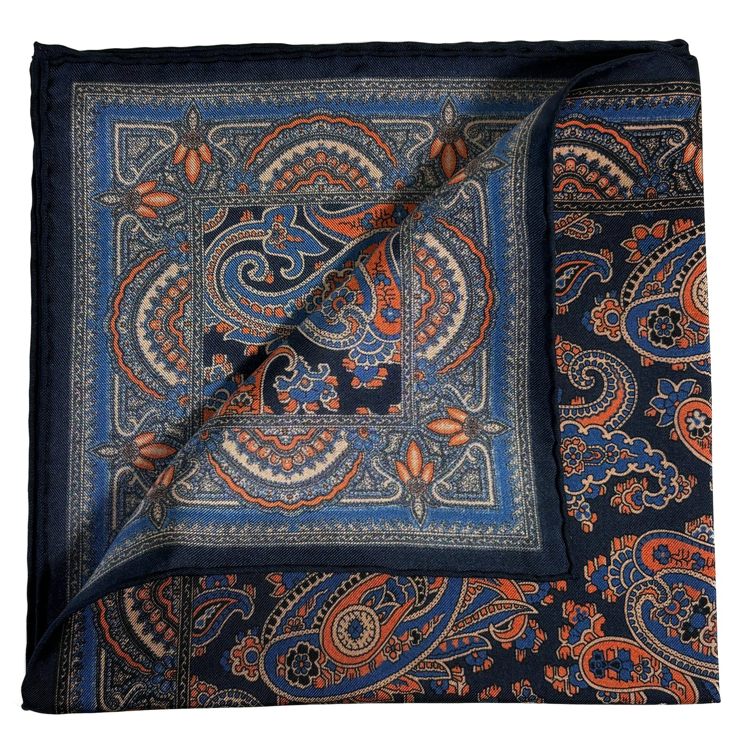 Navy Blue & Orange Paisley Ancient Madder Silk Pocket Square