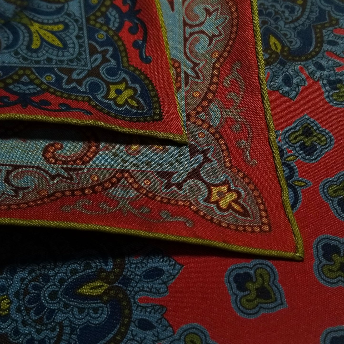 Screen-Printed Red & Blue Geometric Ancient Madder Silk Pocket Square