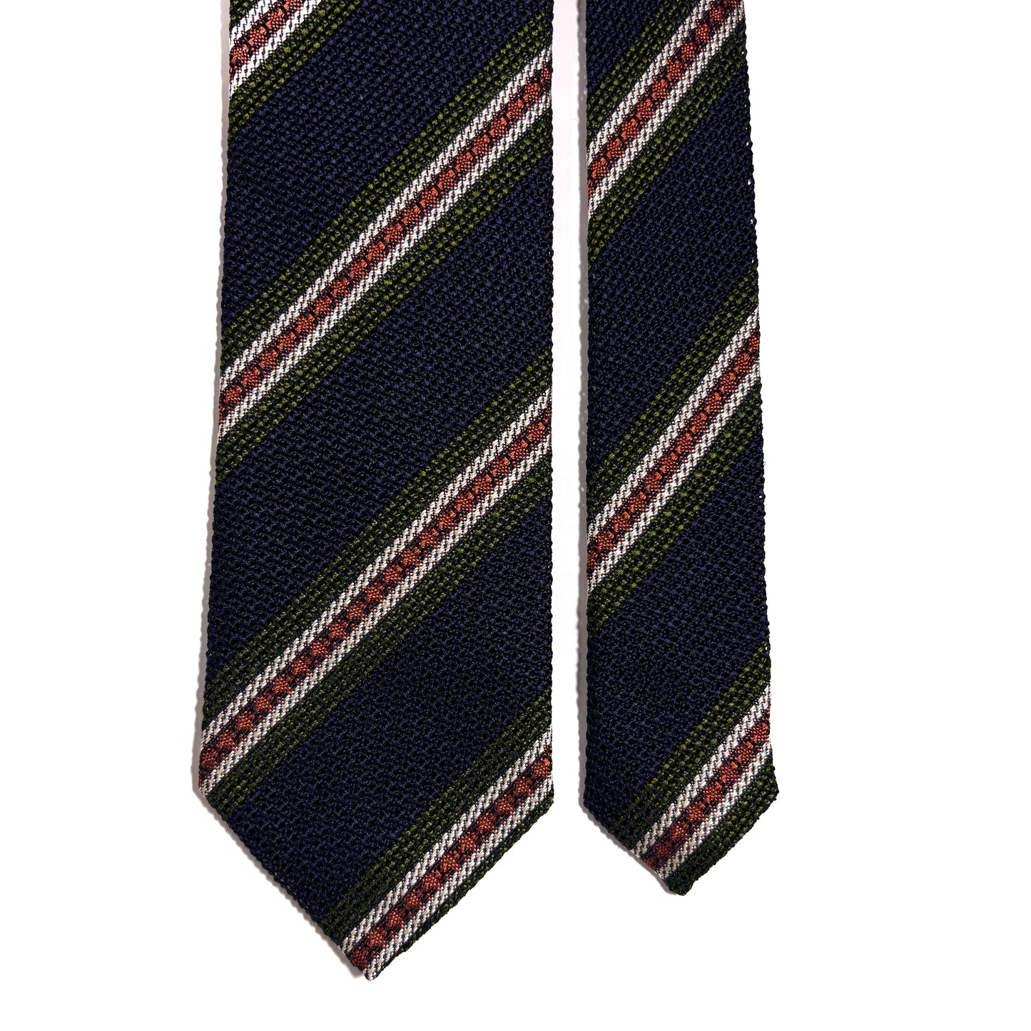 Navy Blue & Orange/Green Stripe Silk Grenadine Tie (Garza Fina)