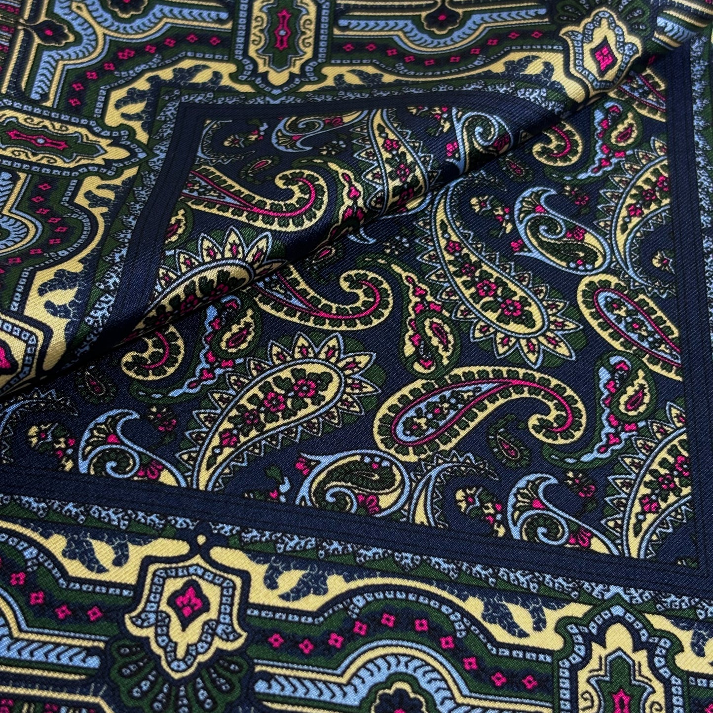 Navy Blue & Cream Paisley Silk Pocket Square