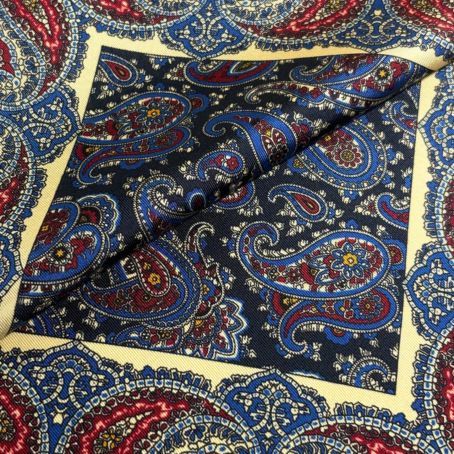 Navy Blue & Cream Paisley Ancient Madder Silk Pocket Square