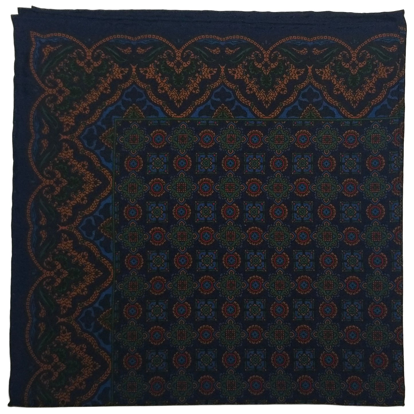 Screen-Printed Navy Blue Geometric Ancient Madder Silk Pocket Square