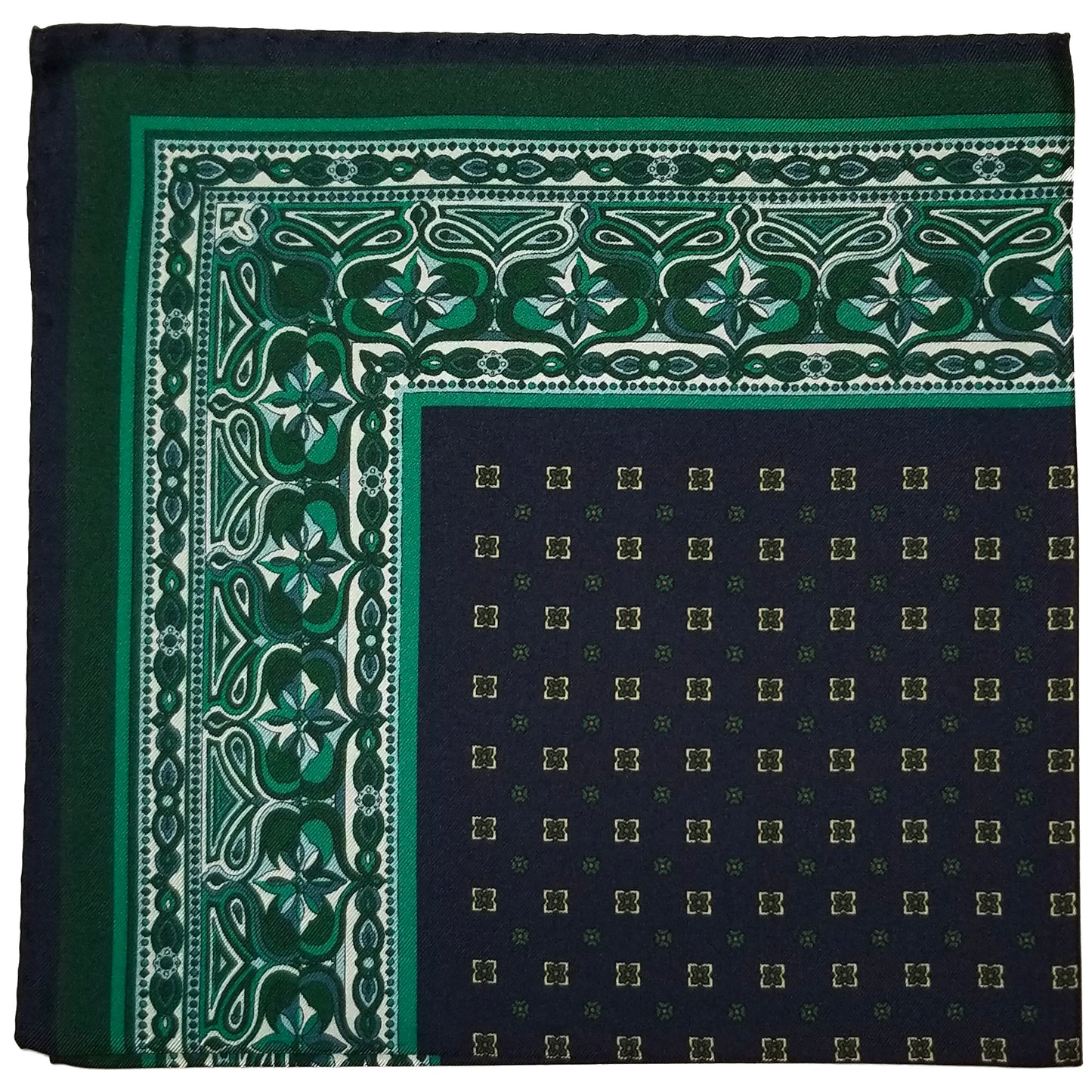 17" Green / Navy Blue Geometric Silk Twill Pocket Square