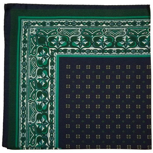 17" Green / Navy Blue Geometric Silk Twill Pocket Square